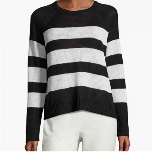 Eileen Fisher Linen Cotton Blend Black White Striped Crew Sweater Sz L - Picture 7 of 7